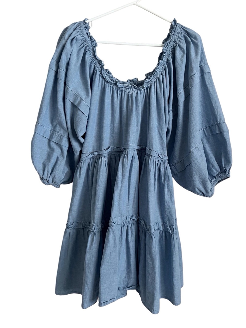 The Great Short Nightingale Dress Blue Chambray Peasant Boho Tier Mini Medium?